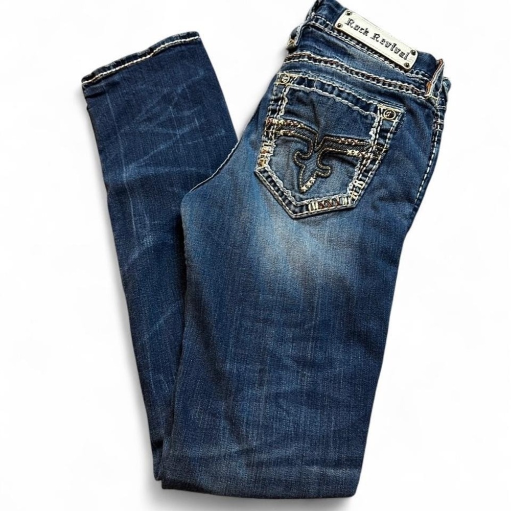 Rock Revival Elvina straight embellished western punk denim blue jeans size 29